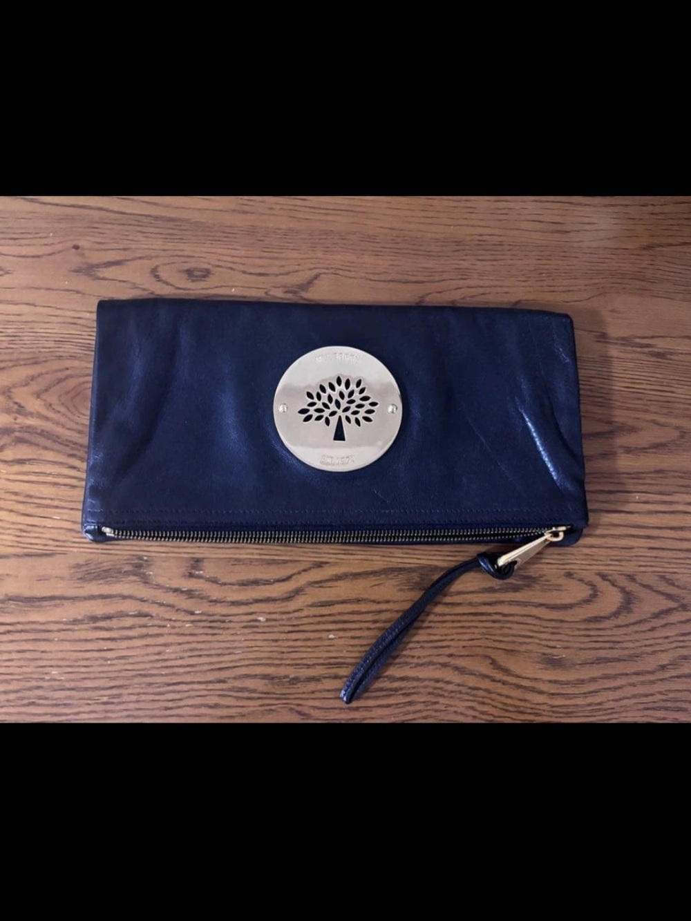 Mulberry Black Leather Wristlet Clutch with Tree Medallion
